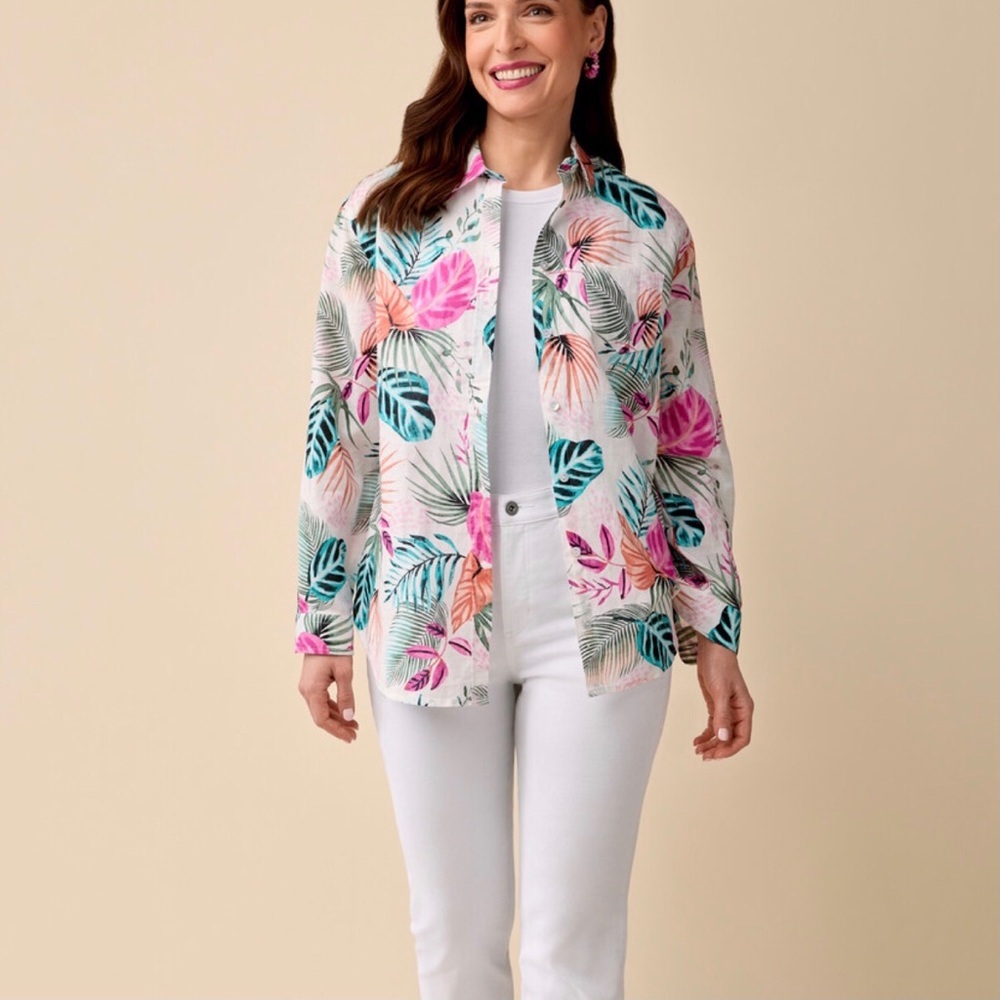 Northern Reflections Tropical Leaf Print Linen Blend Button-Up Shirt Size Large